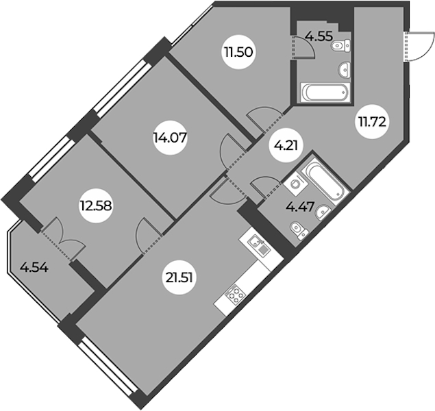 3-комнатная квартира 86.88 м², 14/24 эт., ЖК «Огни Залива»